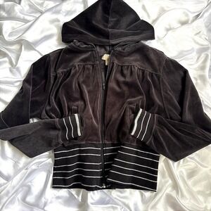 Personal Identity Brown Velour Zip Up Hoodie Metallic Silver Stripe Y2K Size L